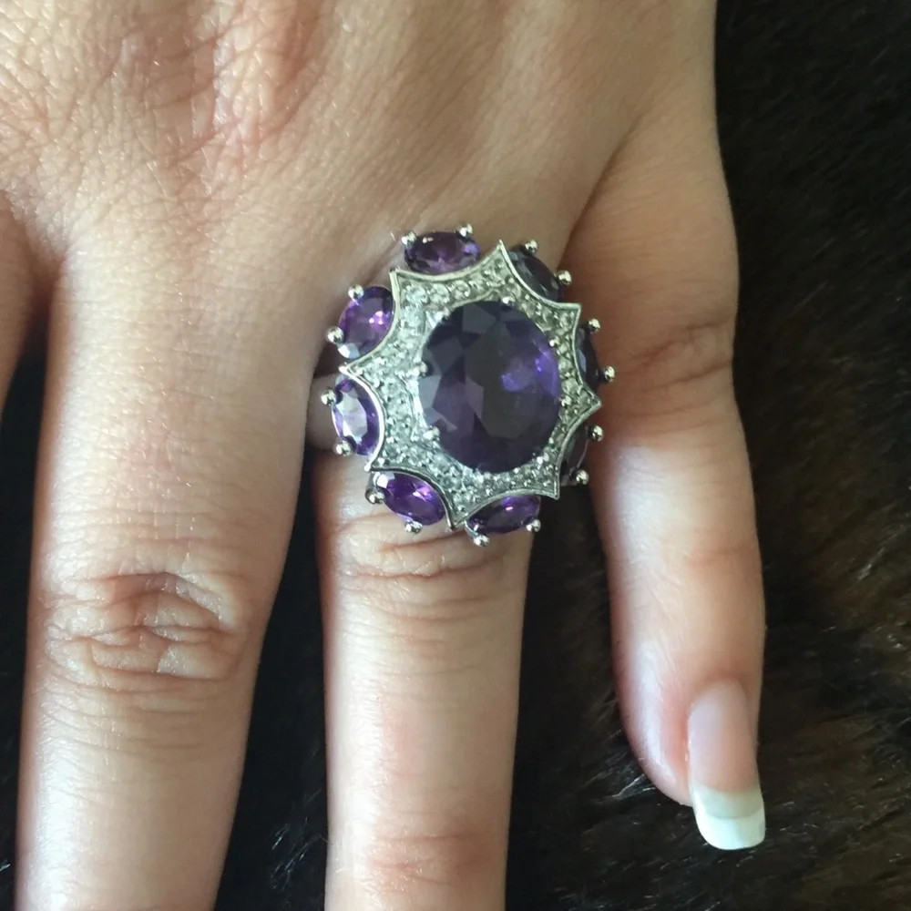 Vintage Pair  Silver 925 Amethyst & Clear Topaz Cocktail Ring both SZ 10 - Picture 13 of 14